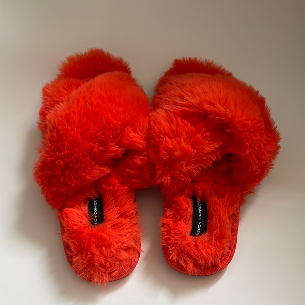 FCUK Bright Orange Fuzzy Plush Crossband Slipper Slides